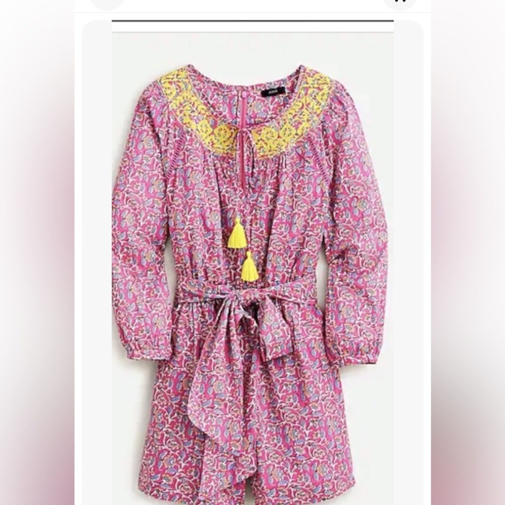 NWT J.Crew Pink Vines W/Yellow Trim Romper/Culotte Women’s Sz 4 runs big